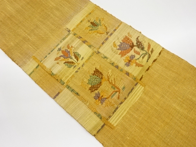 手織り紬格子に草花模様織出し名古屋帯